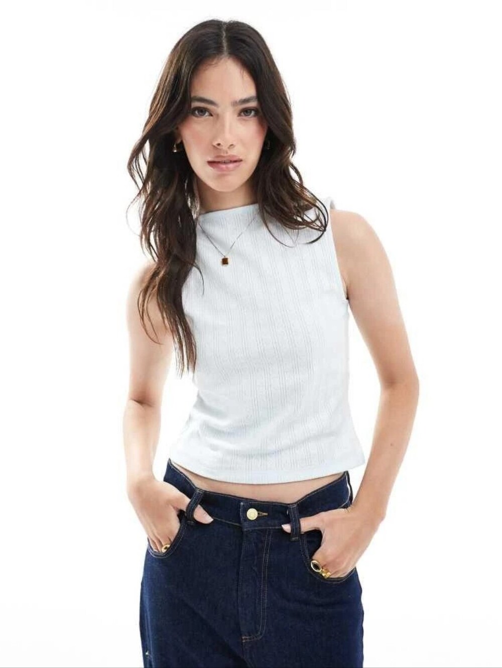 Asos Design Sleeveless Pointelle Cotton Low Back Light Blue Tank Top | Small